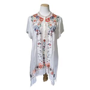 Johnny Was Sheer Floral Embroidered Short Sleeve Tunic Blouse Top Womens XL